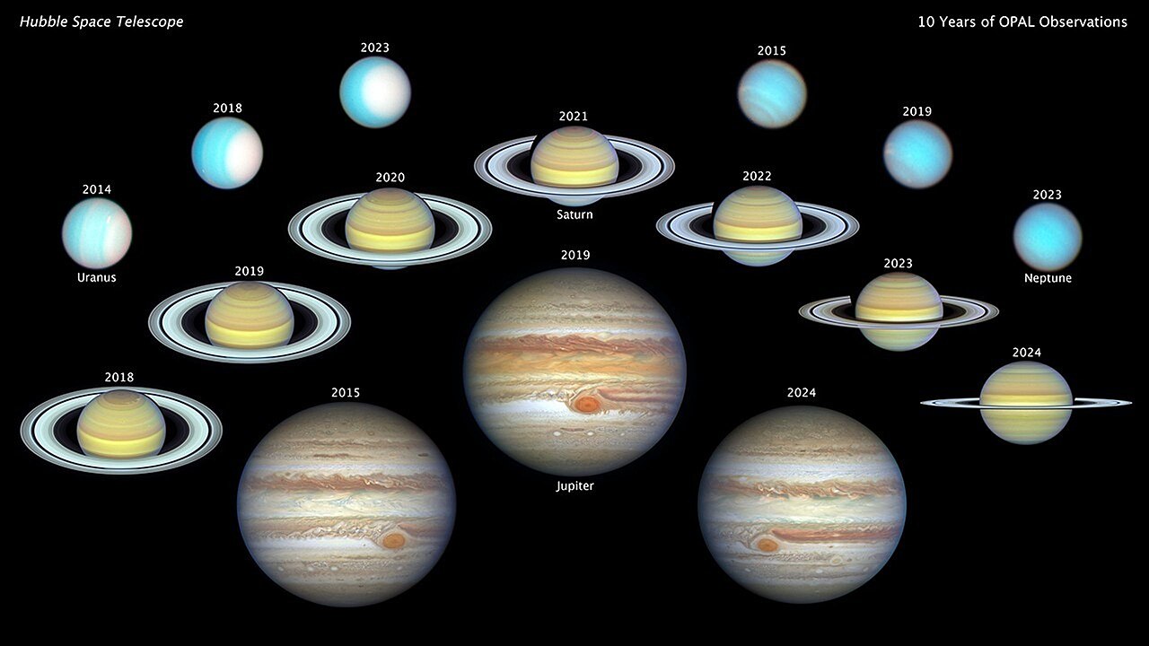 Montaje de imágenes del telescopio espacial Hubble de Júpiter, Saturno, Urano y Neptuno tomadas entre 2014 y 2024, con la leyenda “10 Years of OPAL Observations”