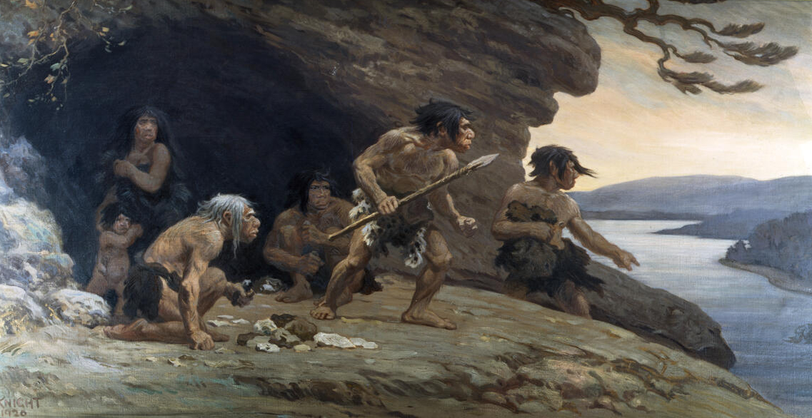 Mural de 1920 del artista Charles R. Knight que imagina a una familia neandertal a la entrada de una cueva, con un hombre que sostiene una lanza; es una ilustración, no una fotografía de los restos