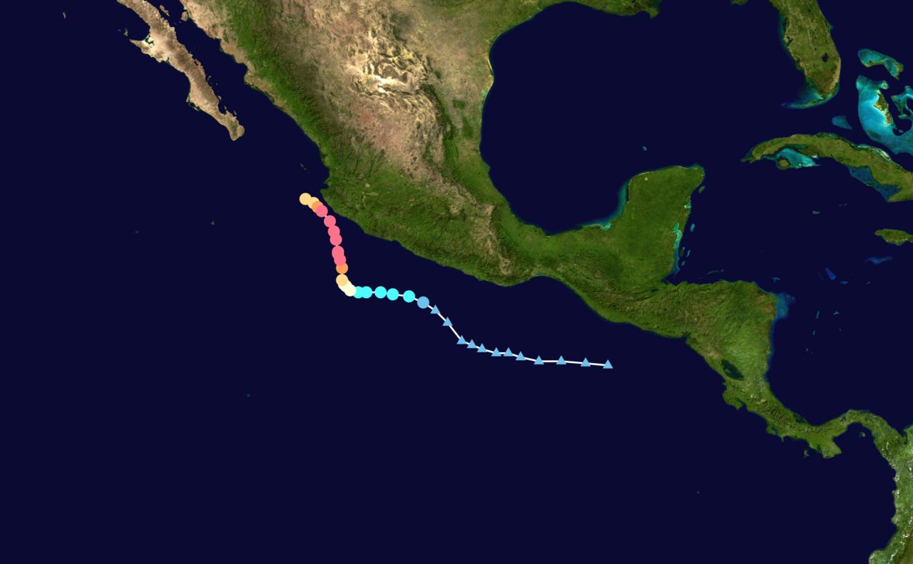 Mapa de la trayectoria del huracán Simon en el Pacífico: una línea de puntos de colores que avanza paralela a la costa del oeste de México, de sur a noroeste, frente a Jalisco