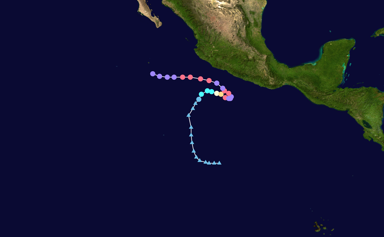 Mapa de la trayectoria seguida por el huracán Polo frente a la costa del Pacífico de México; arriba a la izquierda, el extremo sur de la península de Baja California. Los puntos de colores marcan la intensidad del ciclón en cada momento