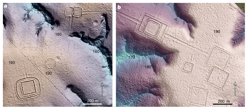 Modelos digitales de terreno obtenidos con lidar que muestran recintos cuadrados y caminos de tierra de la cultura aquiry, figura del estudio publicado en Nature