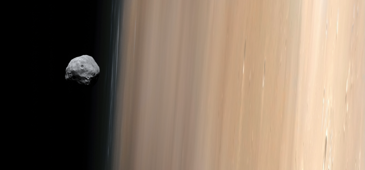 Fobos ante Marte, en una imagen coloreada a partir de una toma de 2007 de la sonda Mars Express de la ESA, anterior a la misión MMX