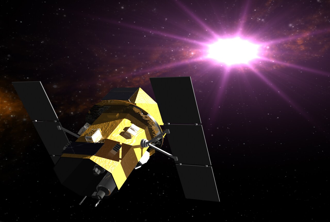 Ilustración del observatorio espacial Swift de la NASA y una explosión de rayos gamma